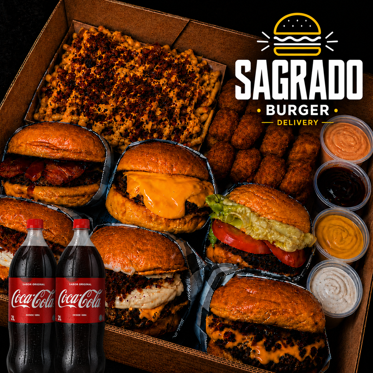 RODÍZIO EM CASA - 6x Hambúrgueres + 500g de Fritas + 500g Nuggets + 2X Coca-Cola 2L + 4 Molhos Especiais